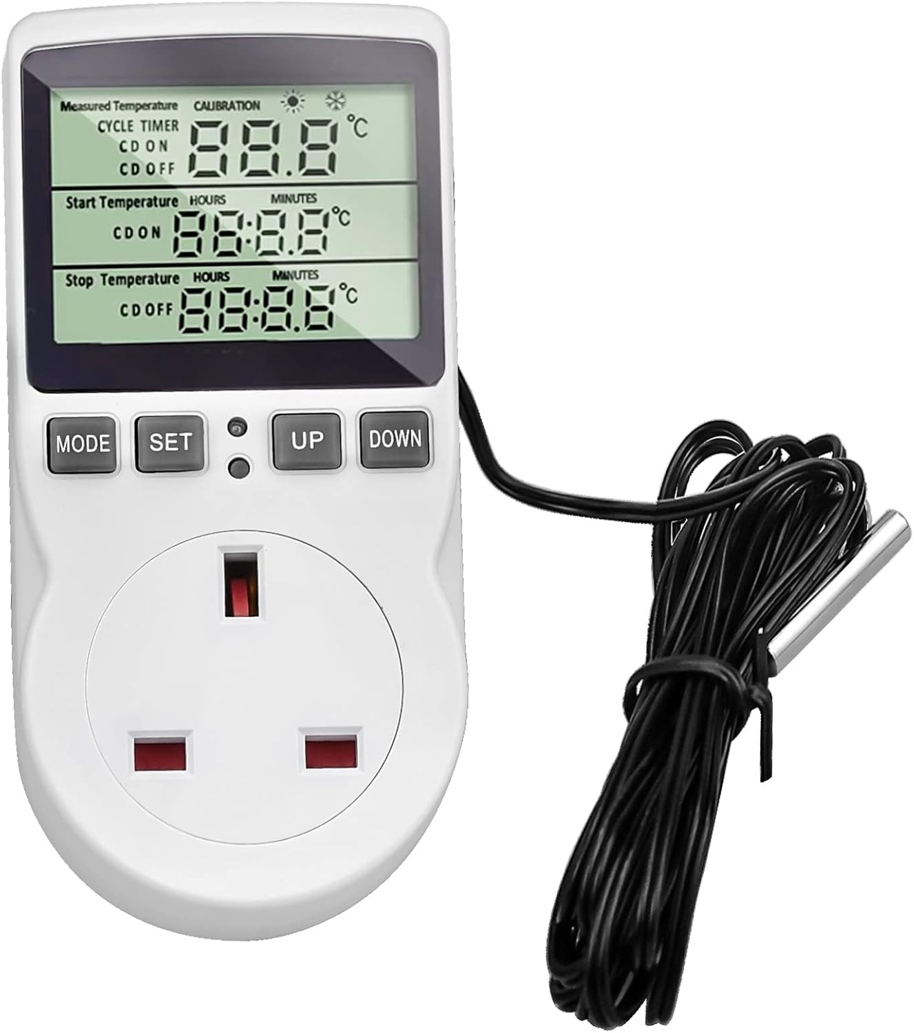 Digital Thermostat Socket with 1.7M Sensor, Heating and Cooling, 230V 16A, Timer