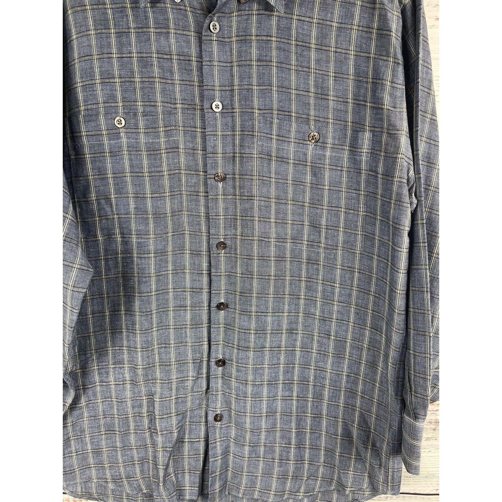 Scott Barber Shirt Men's Medium Blue Gray Plaid Linen Cotton Button Front Casual