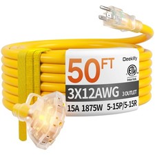 Best 50 ft 12 Gauge Heavy Duty 3 Outlet Extension Cord Splitter with Indicator