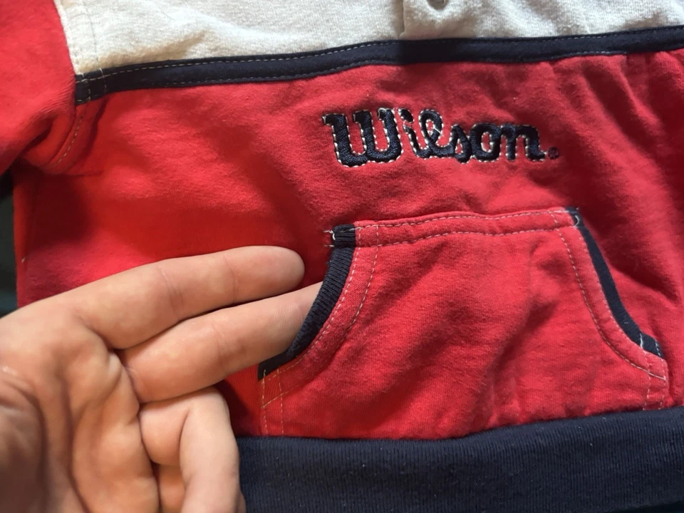 Винтажная толстовка с капюшоном Wilson детский размер 12 месяцев цветной блок красный серый синий - Изображение 3 из 4