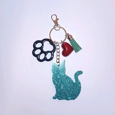 Glitter Cat Paw Heart Tassel Key Chain. Cute Animal Resin, Handmade, Teal Green