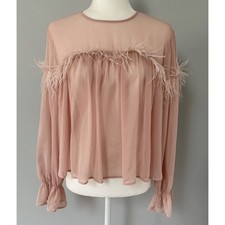Zara NWT Pink Sheer Feather Trim Long Sleeve Blouse Top Women's Size S