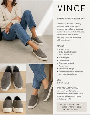 Vince Sneakers 9 M Grey Suede Rubber Sole Slip On  Designer Perfect Comfort