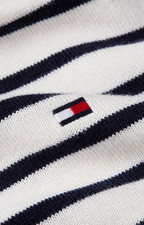 TOMMY HILFIGER Striped White Sweater Cotton Regular Fit Pullover Logo Crewneck L