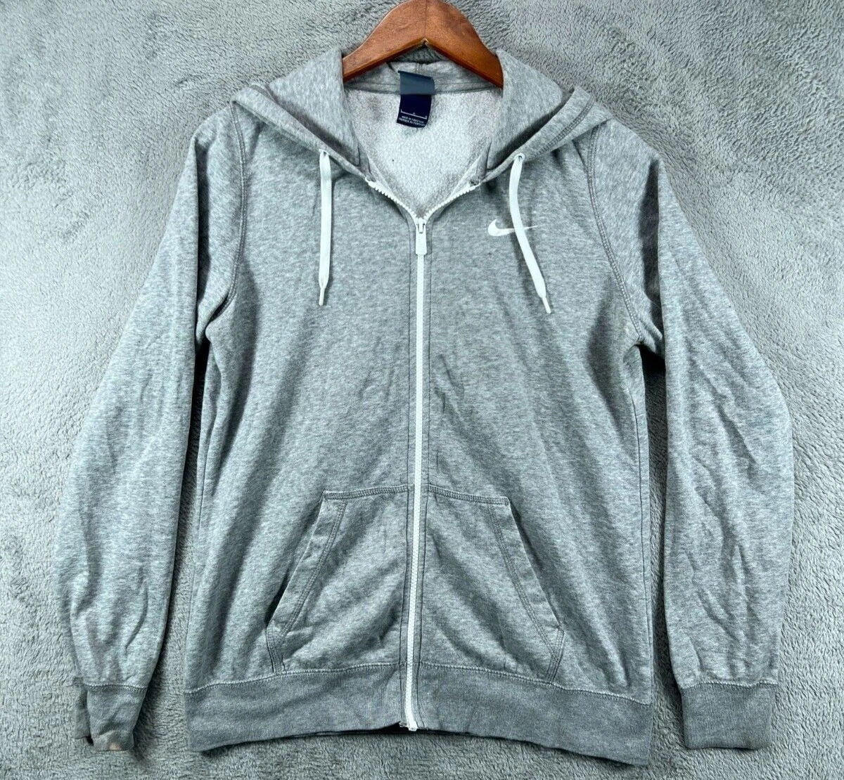 Vintage Nike Club Womens Large Gray EZ Zip Up Hoodie Fleece Jacket White Swoosh