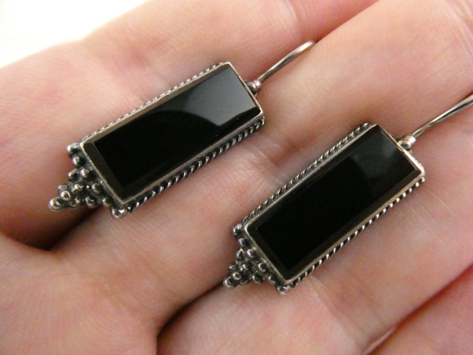 Sterling Silver Rectangular Black Onyx Hook Earri… - image 1