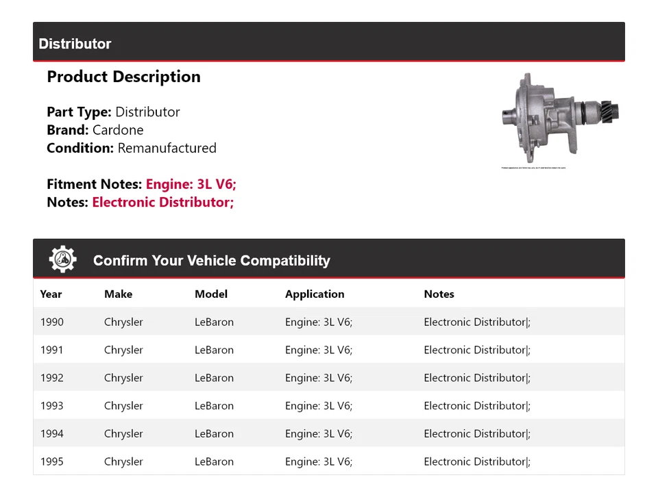 Para Chrysler LeBaron 1990-1995 3L V6 Distribuidor Cardone 1991 1992 1993 1994 Foto 2 de 4