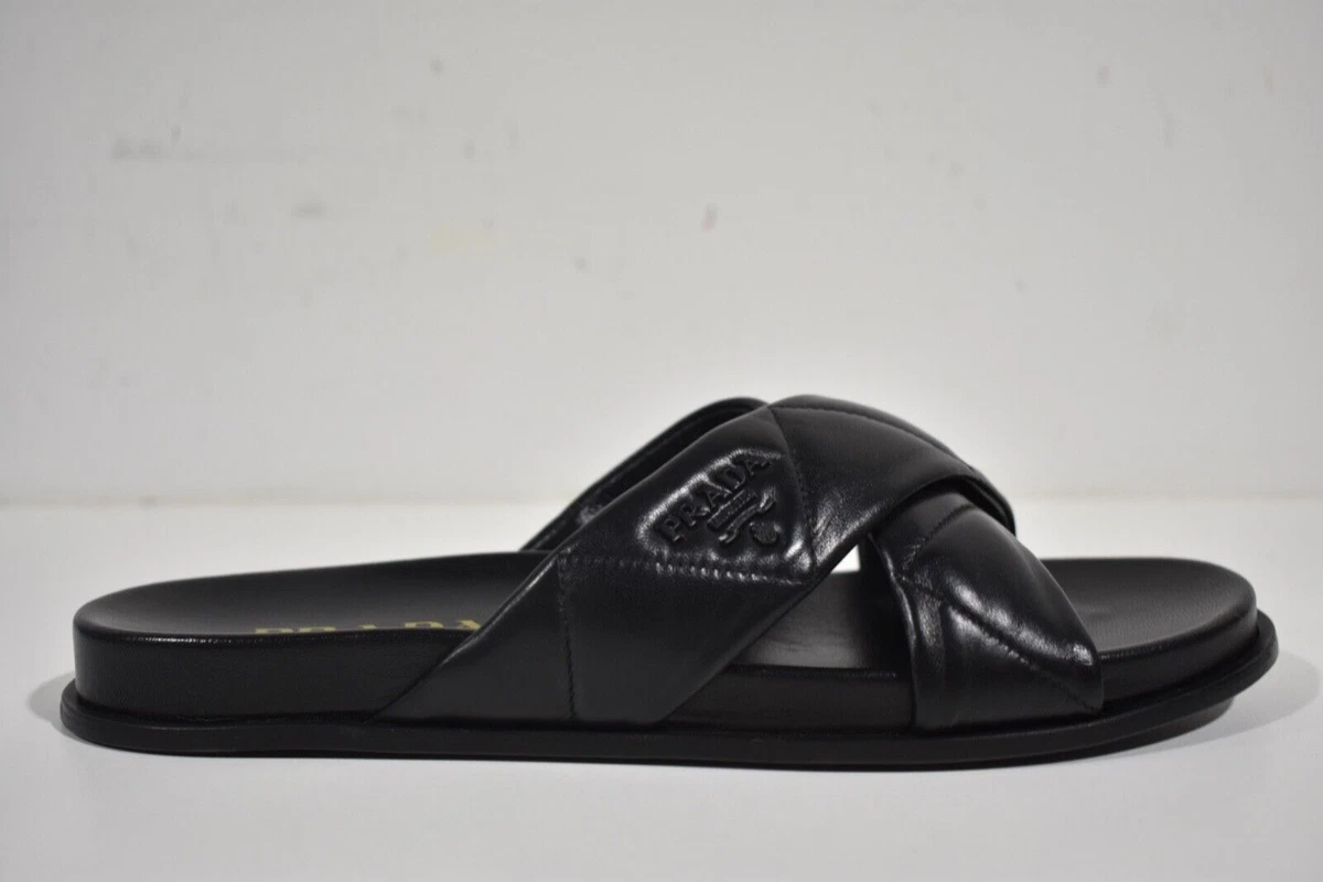 Louis Vuitton Black Leather Crisscross Strap Flat Slides Size 43