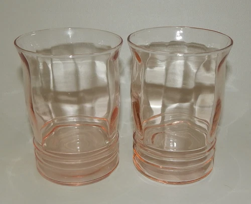 2 Macbeth Evans 1930s Pink Depression Rib Optic Pillar 4" Tumblers Glasses