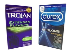 Durex Prolong & Trojan Extended Pleasures Climax Control Condoms + Silver Case