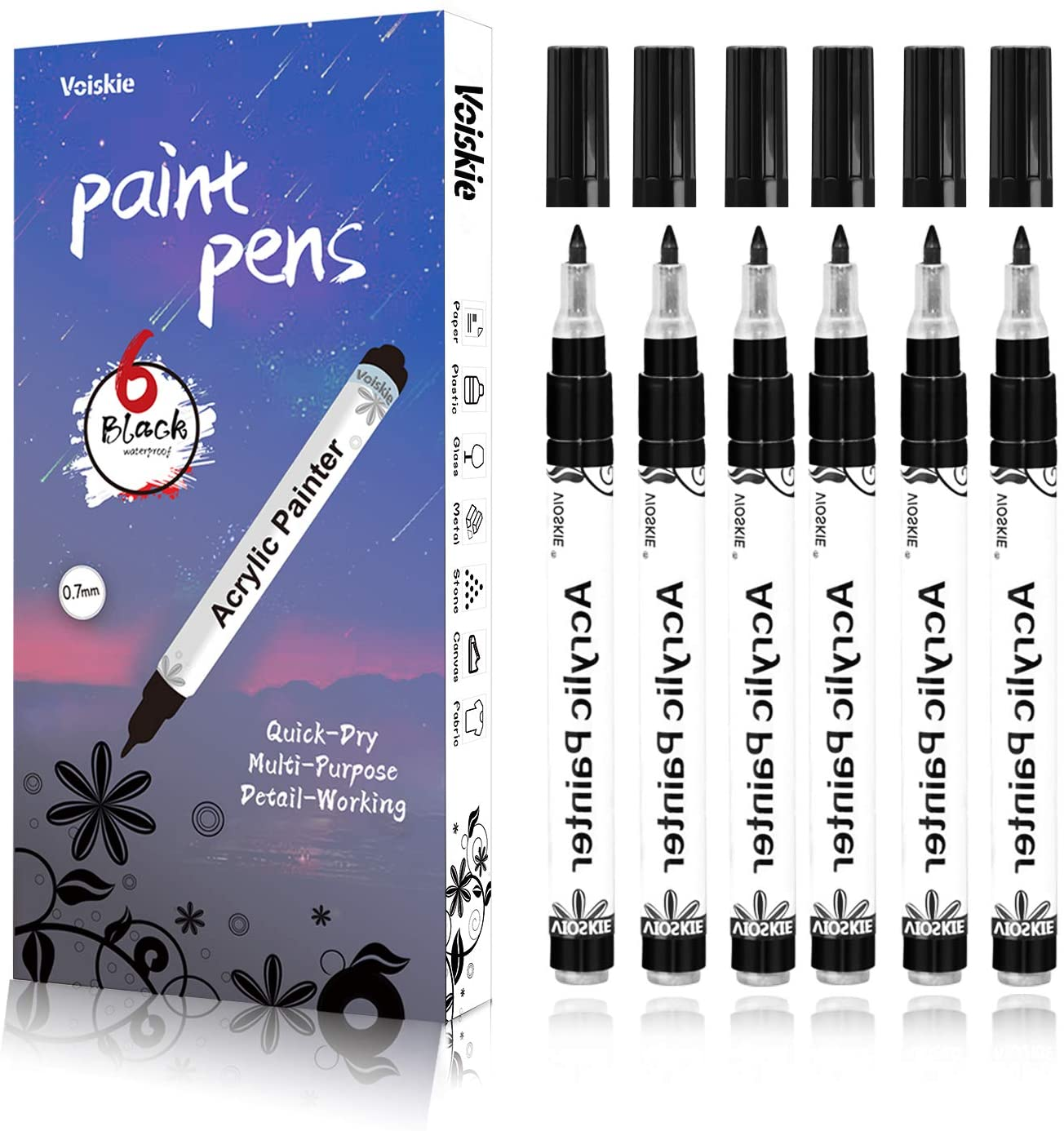 Voiskie white acrylic paint pens (6 pack) variety pack - extra fine 0.7mm & medium  tip