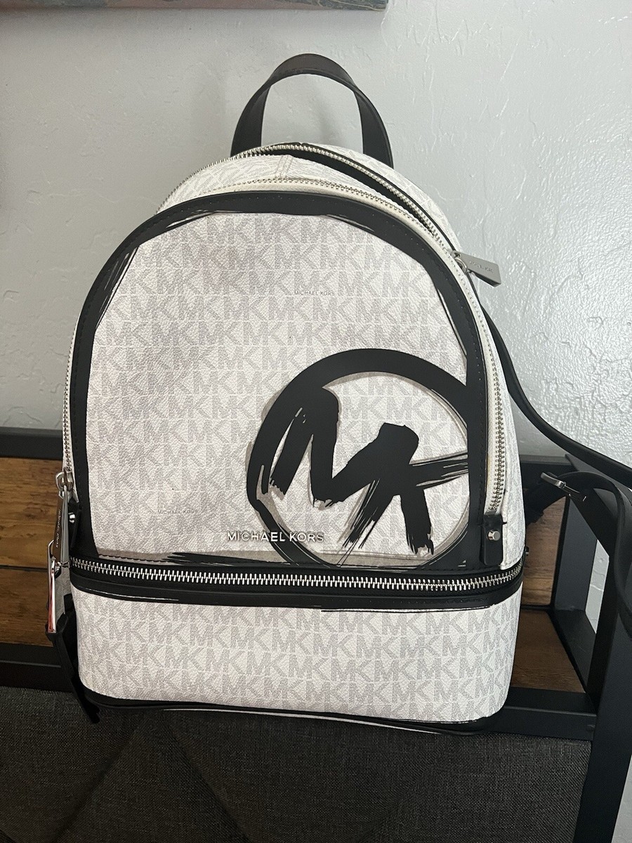 Michael Kors Rhea Zip Medium Leather Backpack White Black Signature LOGO  CIRCLE