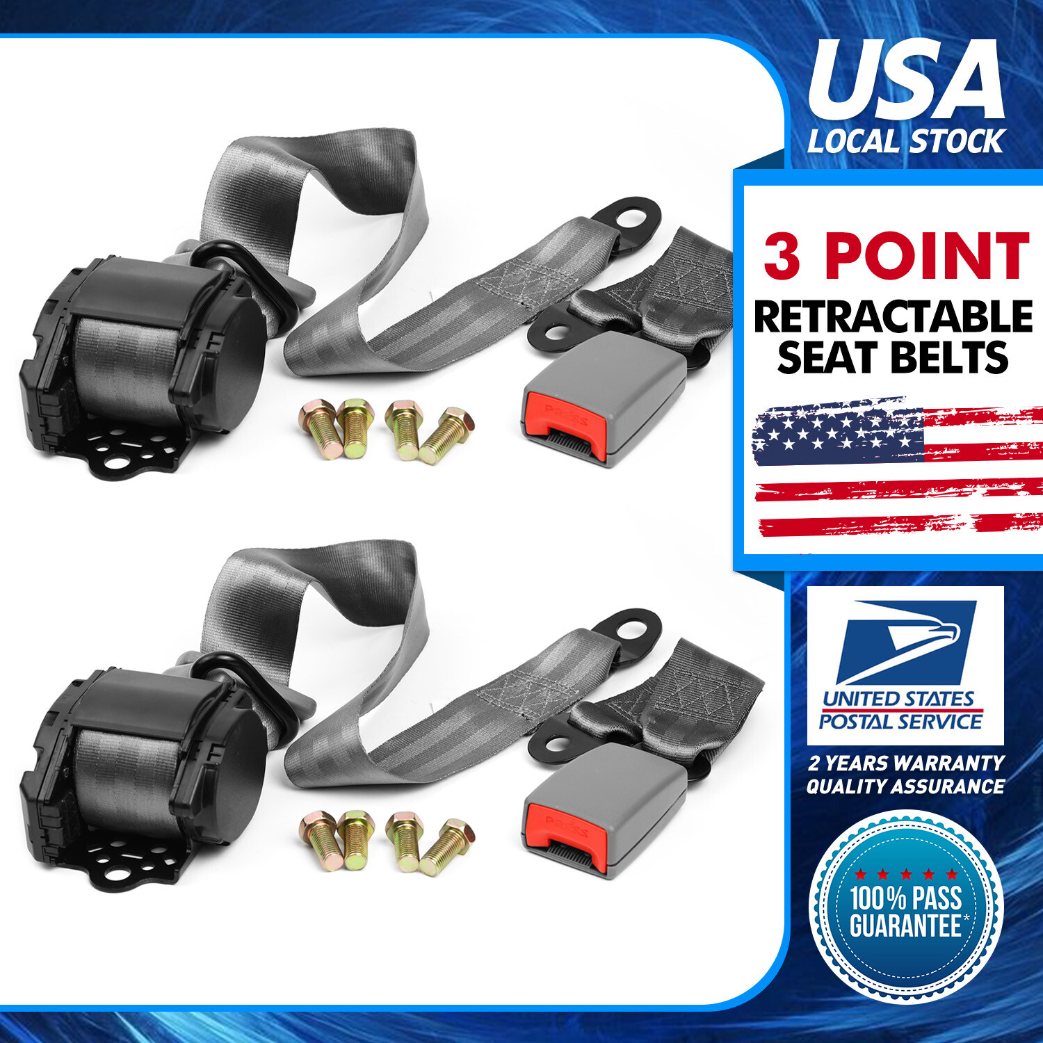 2 Set For Safety 3 Point Retractable Car Seat Lap Belt Adjustable Kit Universal
