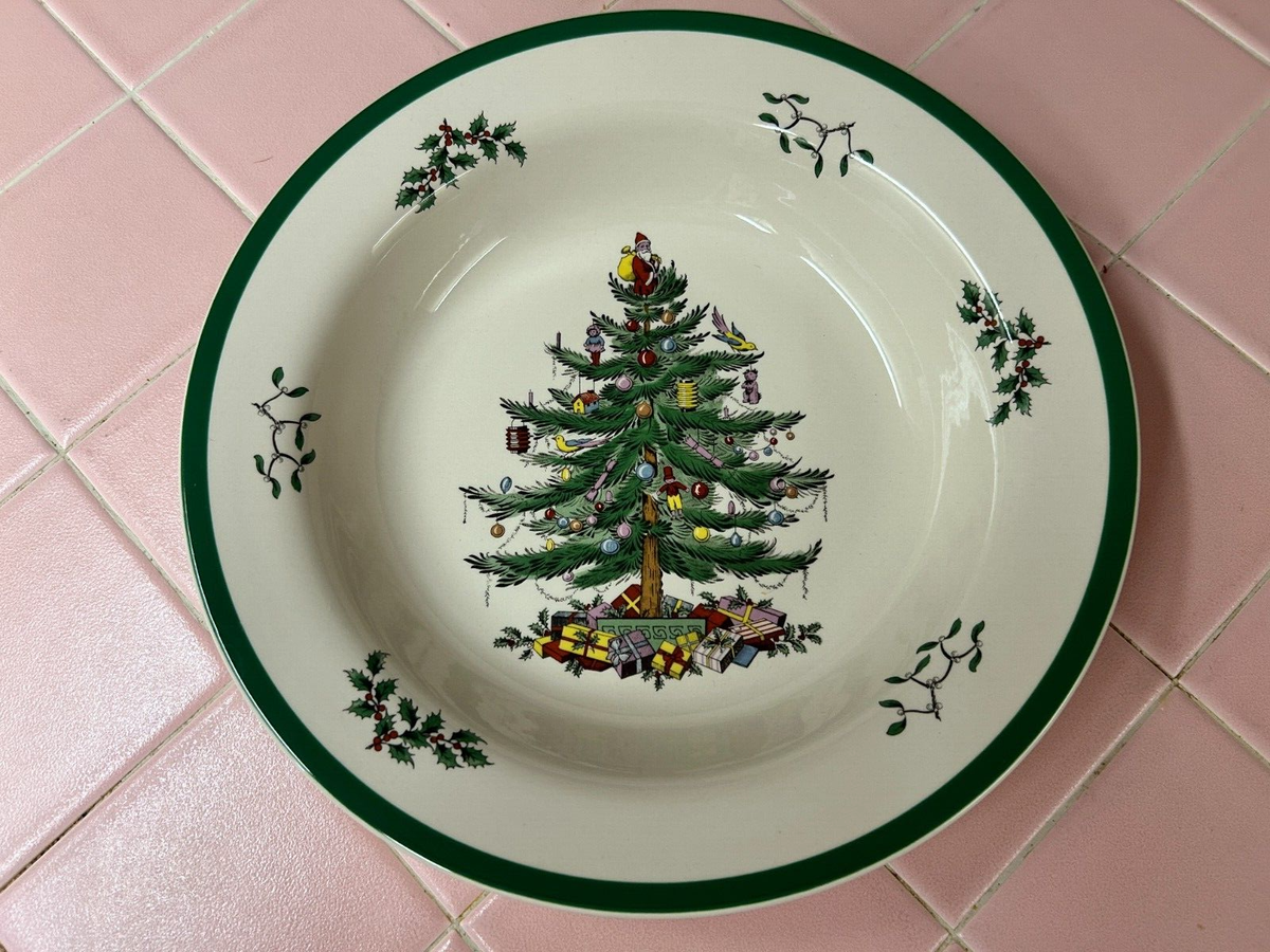 Spode CHRISTMAS TREE Large Round Green Rimmed Serving Bowl/Pasta  Bowl-Holidays!