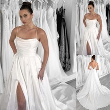 Beach Wedding Dresses With Slit Spaghetti Straps Backless Satin Bridal Gown