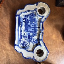 Vintage Victoria Ware Flow Blue Ironstone Double Ink Well and Tray Holder