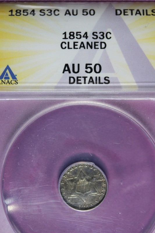 1854 ANACS AU50 DETAILS CLEANED 3 CENT SILVER #B45727