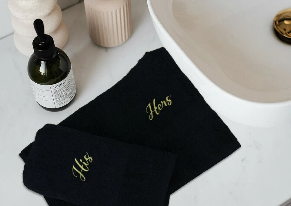 LA MAISON 100% Egyptian Cotton Embroidered His Hers Black Gold Hand Bath Towel Gift Sets