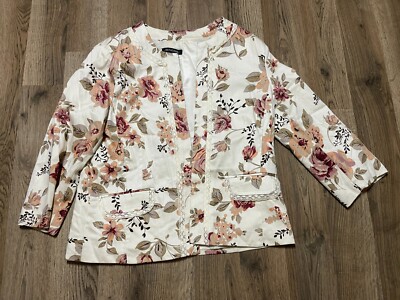 Notations Jacket, Women's Size Small, White Red Pink, Floral, Padded Shoulders