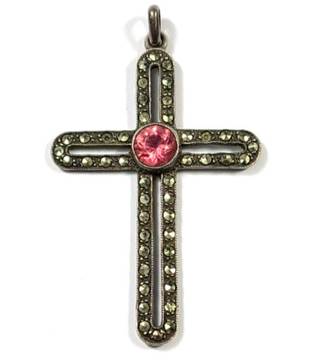 Vintage Sterling Silver Marcasite and Pink Stone Cross Pendant | eBay
