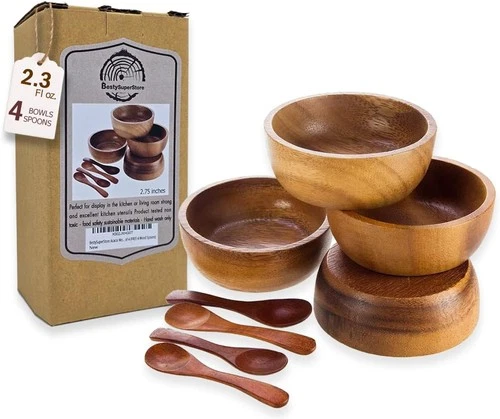 Set of 4 Small Round Acacia Wooden Bowls 2¾ Inch Diameter 1½" High With Spoons