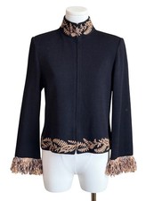 St John Vintage Santana Knit Full Zip Jacket Gold Embroidered 6 Black Fringe