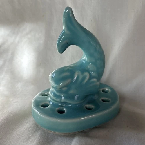 Vintage USA Shawnee Pottery 3.75" Teal Blue Flower Frog Dolphin