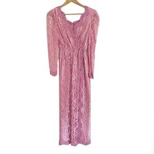 Vintage JC Penny womens Rose Pink Lace Long Sleeve Formal Evening Dress size 1