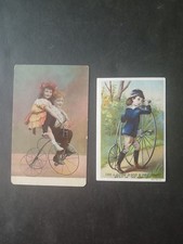 Early 1900's Vintage Pair (2) PENNY FARTHING BICYCLE- Trade Card & Post Card