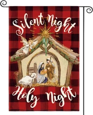 Christmas Decorations Buffalo Plaid Nativity Holy Night Garden Yard Flag 12x18"