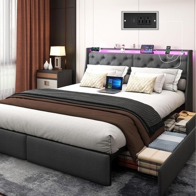 Full/Queen/King Upholstered Platform Bed Frame with Charging and Storage Drawers