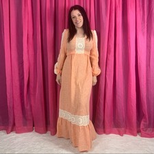 Vintage 70s does Victorian peach sherbet lace prairie maxi dress, 11 or small