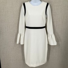 Calvin Klein Sheath Dress 8 White Bell Sleeve Contrast Trim Office Cocktail