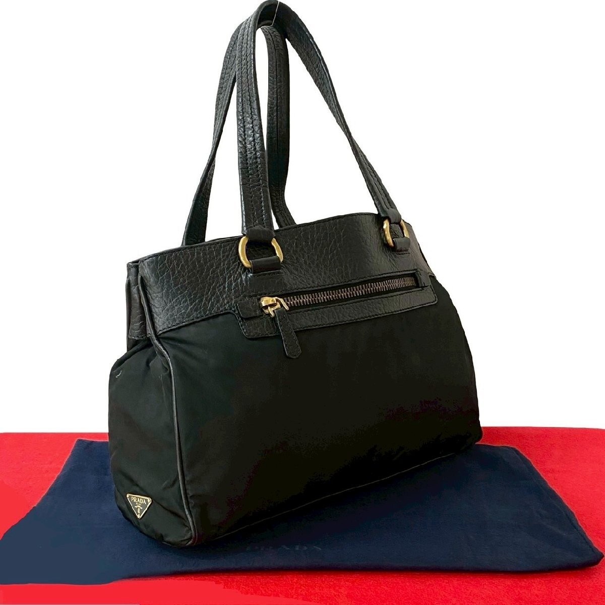 Prada Genuine Leather and Nylon Black Tote with Storage Bag