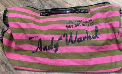 Andy Warhol Campbell s Tomato Soup Striped Duffle Bag Pink Green Zip