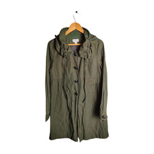 Anne Taylor Loft Women Green Long Coat Ruffle Neck Size Medium