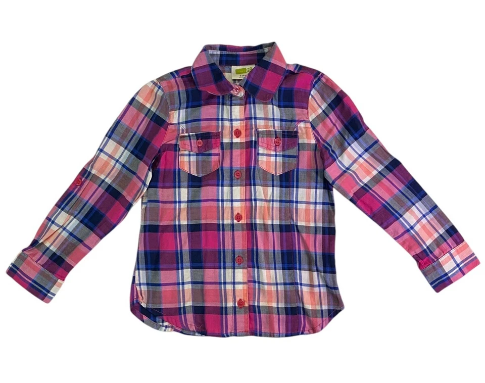 Crazy 8 Girls Shirt Button Up Roll Tab Long Sleeve Pink & Blue Size Small (5-6) - Image 2 of 4