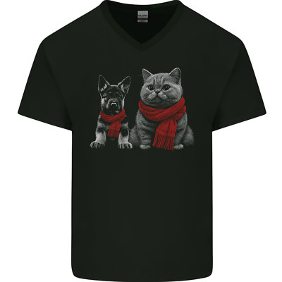 Hund & Katze im Schals Deutscher Schäferhund Herren V-Ausschnitt Baumwolle T-Shirt