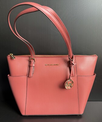 NWT Michael Kors Terracotta Jet Set Medium Zippered Pebbled Leather Tote Bag