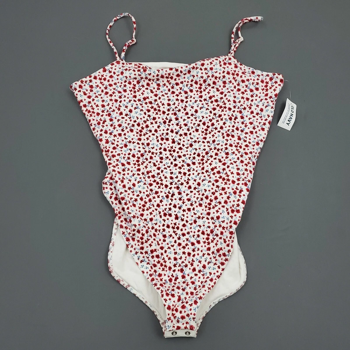 Old Navy Bodysuit Womens XL Spaghetti Strap Cami Americana Floral Knit Red  White