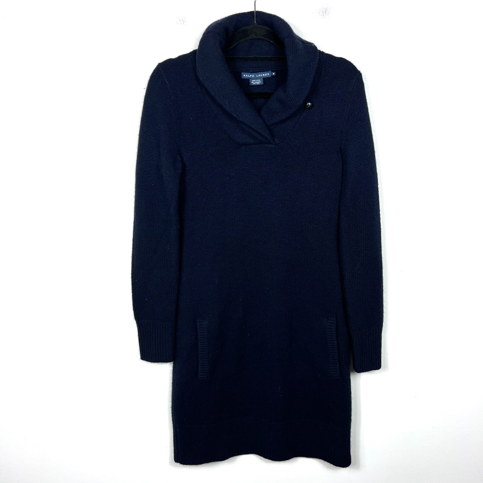 Ralph Lauren Wool Cashmere Blue Knit Sweater Dress Sz Medium Pockets Casual