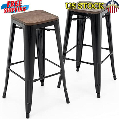 30 Inch Metal Bar Stools Set of 2 Stackable Durable Wood Seat Industrial Design