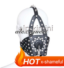 PU Leather Head Strap Harness Open Mouth Gags Plugs Lockable Mask Roleplay
