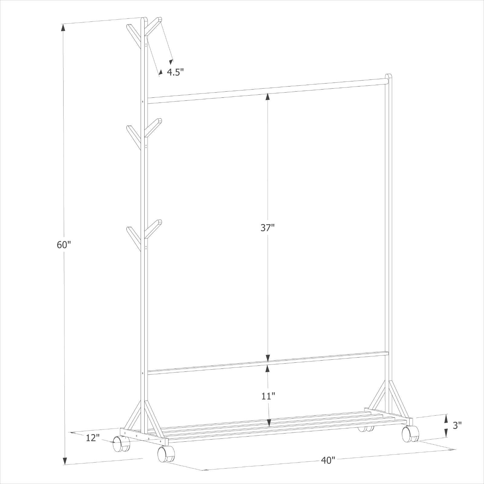Rolling 39"Natural Bamboo [GARMENT HANGING ROD+HAT HOLDER HOOKS STAND