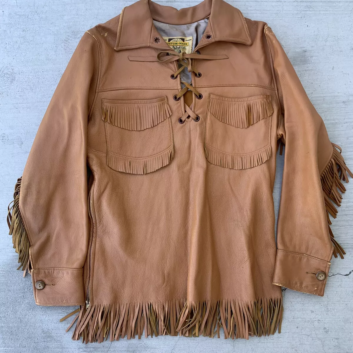 Vintage 70s Fringe Deerskin Leather Trapper Shirt Jacket XS/S Motorcycle Western