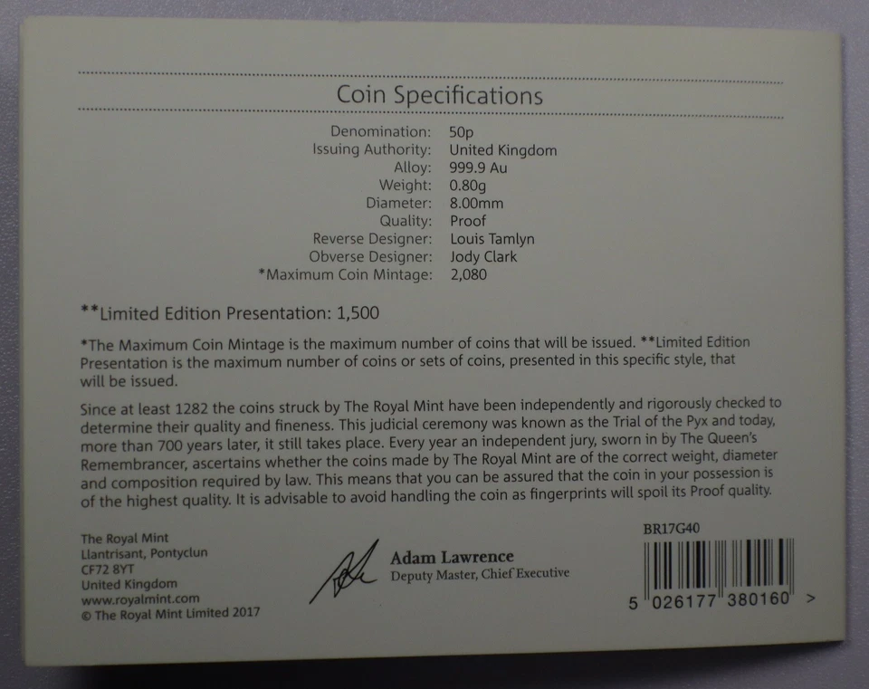 2017 Great Britain 50p Fortieth-Ounce Gold Britannia Rarely Offered - Proof - Image 2 of 2