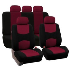 Flat Cloth Auto Car Seat Covers Burgundy Black Full 2 Row Set For Solid Benches