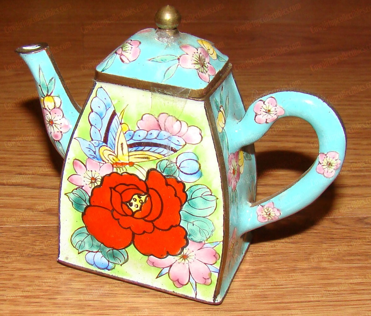 Vintage Enameled MINIATURE Floral, Butterfly Coffee-TEAPOT (N1213