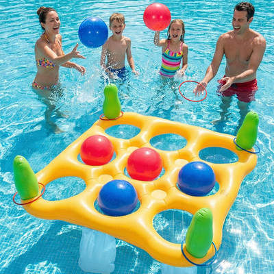 2 in 1 Pool Toys Games Set Inflatable Pool Float with 10 Balls & 8 Rings Tic-Tac