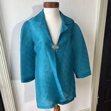 Chico's Travelers Turquoise 3/4 Sleeve Open Crepe Women s Size 2 L Jacket